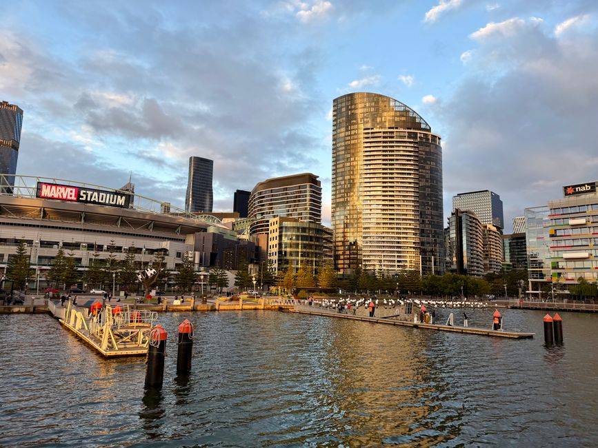 A wide-angle view of a waterfront in the Docklands area showing modern high-rise buildings with glass facades reflecting sunlight, including a prominent curved residential tower. In the foreground, there is a small marina with wooden floating docks, some of which are equipped with red and black protective bumpers. Several people can be seen walking along the promenade, which is lined with trees and benches, suggesting a public space used for leisure and pedestrian access. The sky overhead is partly cloudy with patches of blue, and the water surface shows gentle ripples. The image captures the urban environment during daylight hours, illustrating the mix of commercial, residential, and recreational spaces typical of a city’s waterfront. Docklands Removals may use this setting to transport furniture and household belongings through similar modern, urban landscapes during home relocation or packing and moving processes.